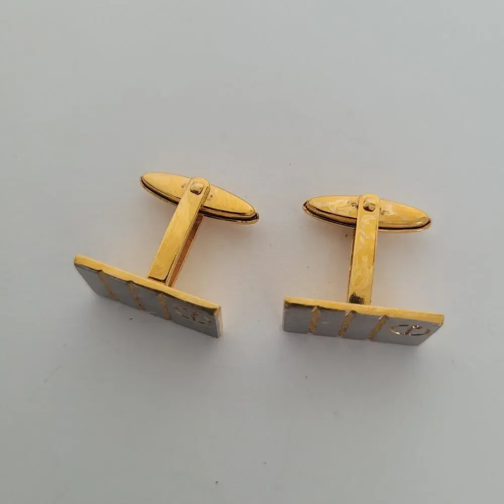 Dunhill D Cufflinks Silver Gold Tone Logo Rectangle Logo Retro Stripped Vintage